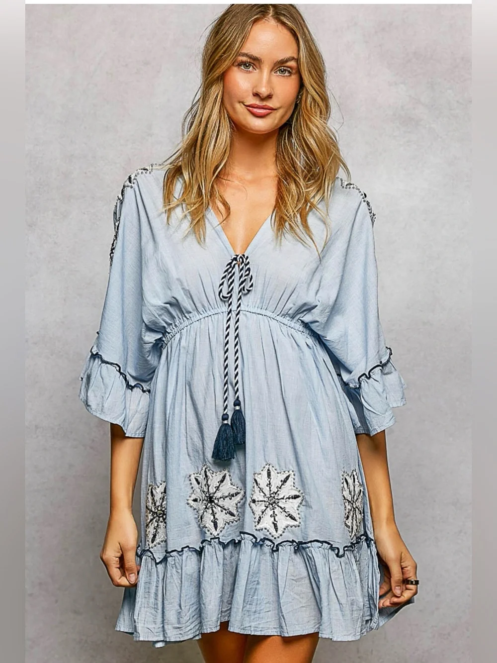 POL Boho Embroidered Star Mini Dress with Tassel Tie – Light Denim Blue Large - Picture 2 of 7